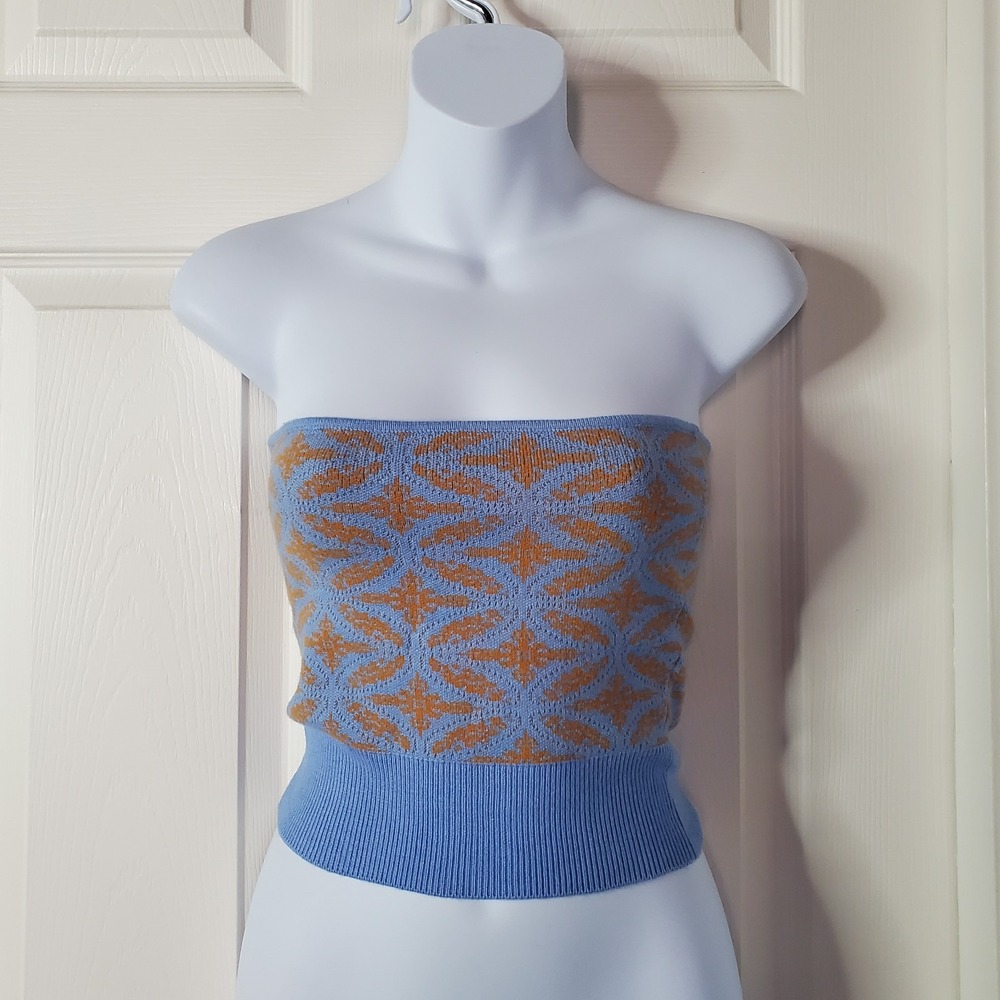 Free People Strapless Tube Top Blue Knit Mustard Geometric Print Preppy Boho XS